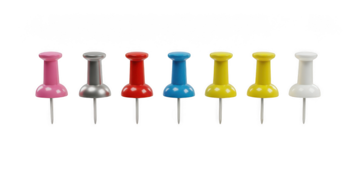 Collection of seven colorful push pins isolated on transparent background