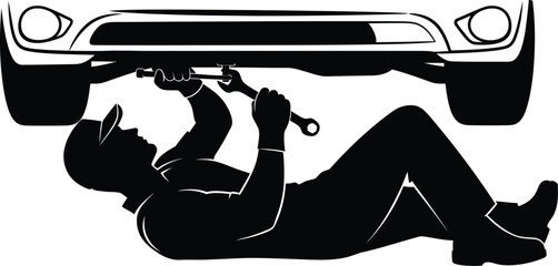 Vector art of a mechanic in silhouette is lying on his back under a car, using a wrench to perform repairs.