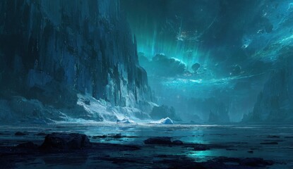 Fototapeta premium Frozen landscape bathed in ethereal blue light