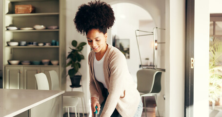 Smile, woman and cleaning with mop at house for hygiene, housework and remove dust on floors....