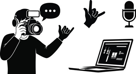 Vector art of a photographer with a camera, microphone, and laptop illustrates the tools of content creation.