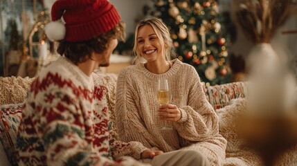 A couple enjoys a cozy moment on a sofa, wearing festive sweaters, with a Christmas tree in the background and a glass of champagne in hand.
