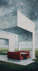 Modern, abstract structure, red booths