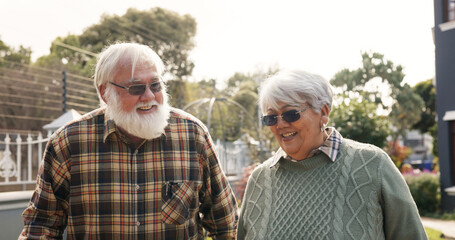 Happy, garden and senior couple walking outdoor for fresh air, bonding and relaxing in nursing...