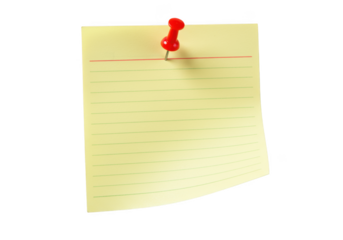 Yellow lined notepad page held by a red pushpin isolated on transparent background