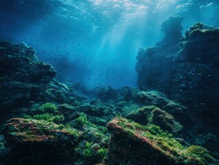 Obraz premium Sunlight pierces underwater rock formations, teeming with fish