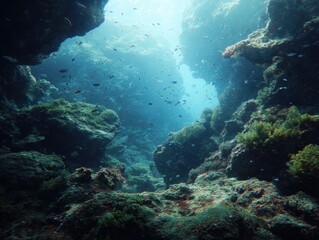 Naklejka premium Underwater coral cave, sunbeams, schools of fish