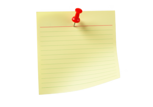 Yellow lined notepad page held by a red pushpin isolated on transparent background