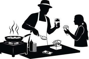 Vector art of a street food vendor in silhouette is cooking and serving a customer.