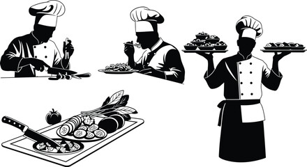 Vector art of a collection of chef silhouettes preparing and serving food.