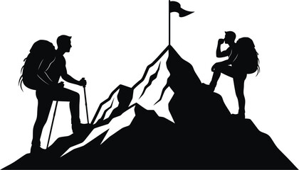 Vector art of two hikers in silhouette reach the mountain peak with a flag.