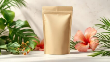Blank Kraft Paper Stand Up Pouch with Zipper surrounded by tropical leaves and flowers