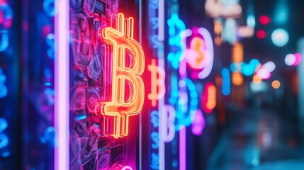 A vibrant cityscape featuring glowing neon Bitcoin signs. The colorful lights represent the digital currency culture. Experience the fusion of technology and urban lifestyle. Generative AI