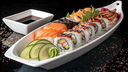 A delectable sushi boat filled with an assortment of fresh sushi rolls, sashimi, and flavorful accompaniments