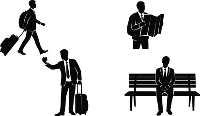 Vector art of a collection of businessman silhouettes depicts various travel scenarios.