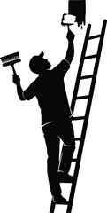 Vector art of a painter silhouette is seen on a ladder painting a wall.