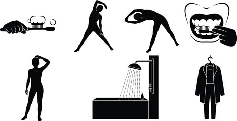 Vector art of a collection of daily morning routine silhouettes including showering, brushing teeth, and stretching.