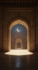 Fototapeta premium Mystical passage through a series of grand archways under a peaceful night sky with a glowing crescent moon, symbolizing a spiritual journey
