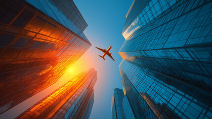 Airplane flying over glass skyscrapers of financial district - Abstract cityscape background