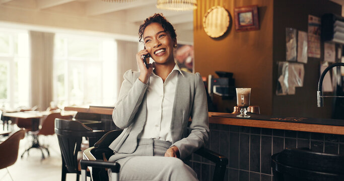 Business, woman and phone call with luggage at cafe for discussion, travel schedule and work trip. Person, suitcase and mobile for client chat, agenda or contact hotel for booking accommodation