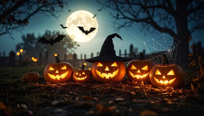 Spooky Halloween Night with Glowing Pumpkins and Full Moon