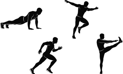 Vector art of a man is doing various exercises, including running, stretching, and pushups.