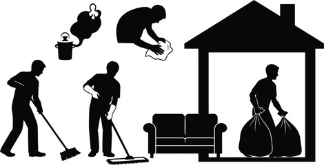 Vector art of a cleaning service is cleaning a house with various tools and equipment.