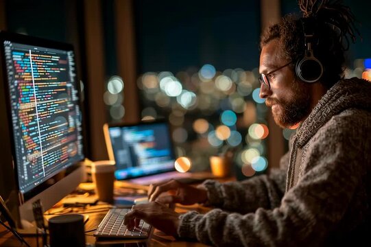 Developer coding programmer software engineer working at night computer programming code typing