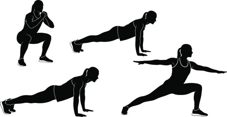 Vector art of silhouette of a woman doing various fitness exercises 