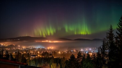 A vibrant display of the Northern Lights illuminates the night sky over a tranquil town, surrounded by misty hills and dense forests.