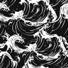Seamless pattern of ocean waves in black and white colors. Abstract design for fabric print or digital background.