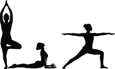 Vector art of silhouettes of women demonstrating various yoga poses isolated on white background, showcasing balance, flexibility, and healthy lifestyle