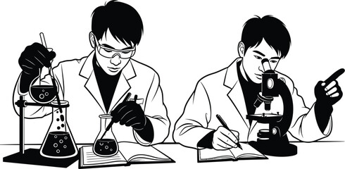 Vector art of scientists conducting experiments in a laboratory with beakers and a microscope.