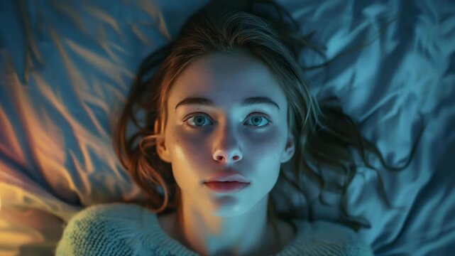 Young woman lying awake in bed at night with insomnia and anxious expression