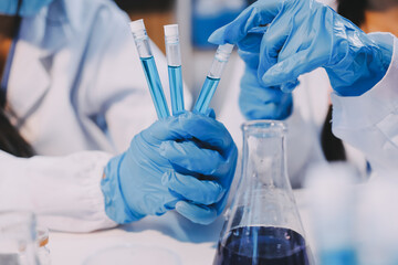 Fototapeta premium Modern Empty Science Laboratory With Microscopes, Test Tubes And Other Laboratory Equipments