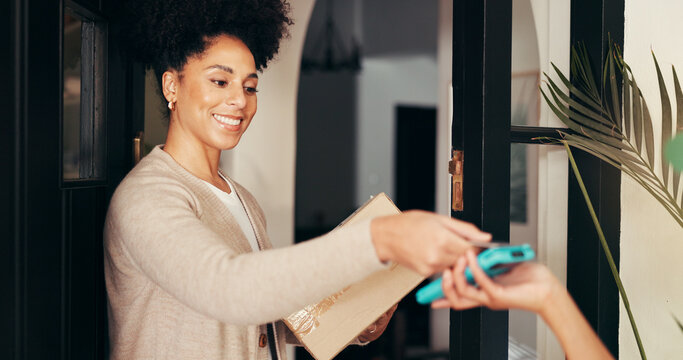 Woman, credit card and payment for delivery with pos, box and logistics service at home. Debit, customer and purchase package with courier at front door for order, shipping and smile for transaction