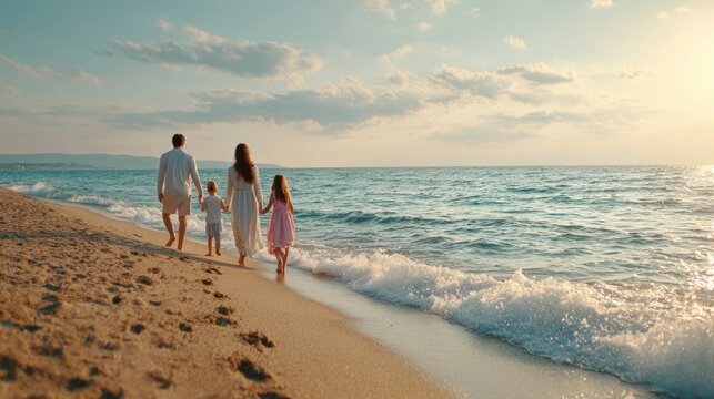 A family of four walks along a sandy beach at sunset, enjoying the serene ocean waves and the warm glow of the evening sky. - Powered by Adobe