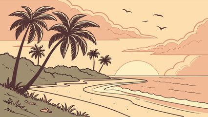Obraz premium Tropical beach sunset scene with palm trees vector illustration for summer vacation design 100