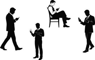 Vector art of a set of silhouette illustrations showing men using smartphones in various poses, including walking, sitting, and standing.