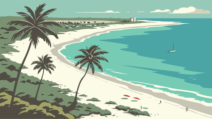 Tropical beach paradise vector illustration with palm trees and turquoise ocean for summer vacation design