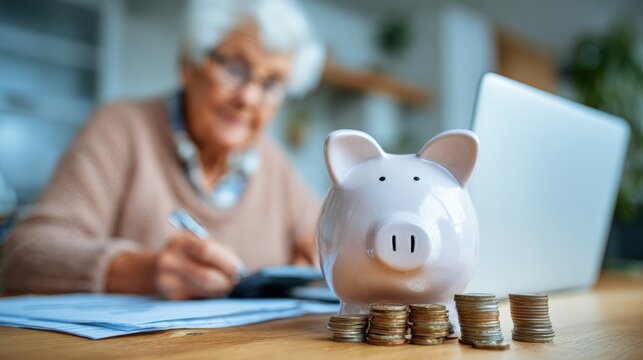 A senior woman calculates finances at home, with a piggy bank and coins in the foreground, symbolizing savings and financial planning.