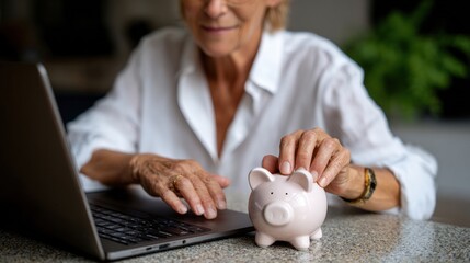 Elderly woman using a laptop while holding a piggy bank, symbolizing online banking, savings, and financial planning.