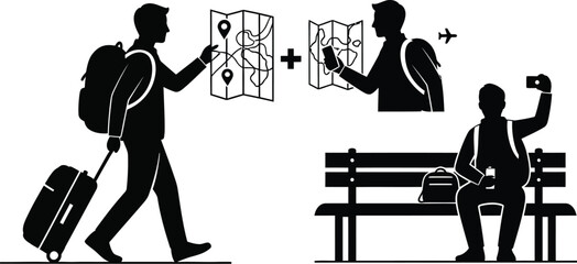 Vector art of a tourist is traveling with luggage and exploring the city.