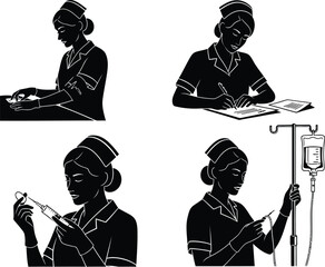Vector art of a nurse is performing various medical tasks.