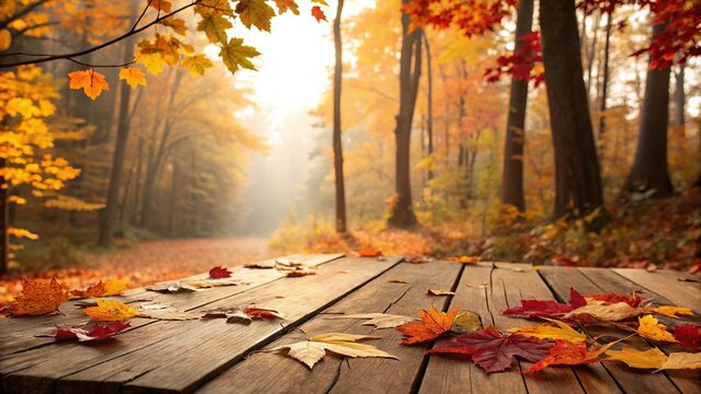 Wooden table covered in colorful autumn leaves in a sunlit forest