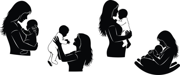 Vector art of a mother is holding and caring for her baby in various poses.