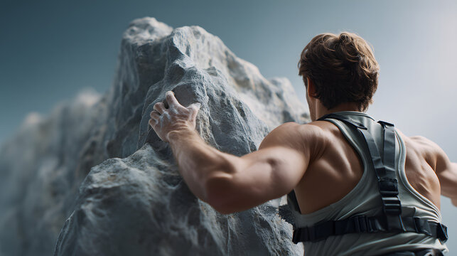 Climber scaling a rocky surface in a dynamic outdoor setting.