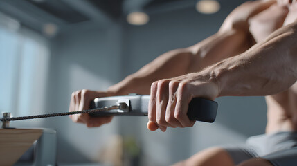 Fitness enthusiast using a rowing machine in a modern gym setting.