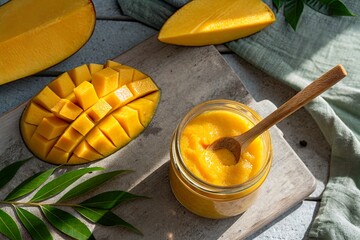 Fresh mango slices and puree in a jar on a wooden board with green leaves and soft fabric backdrop