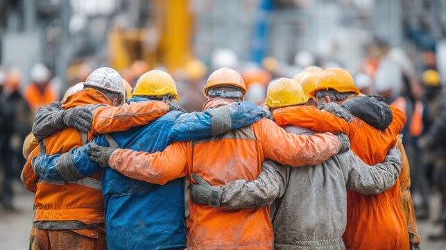 A group of construction workers wearing helmets and safety gear stand together with arms around each other, symbolizing teamwork and unity on a worksite.